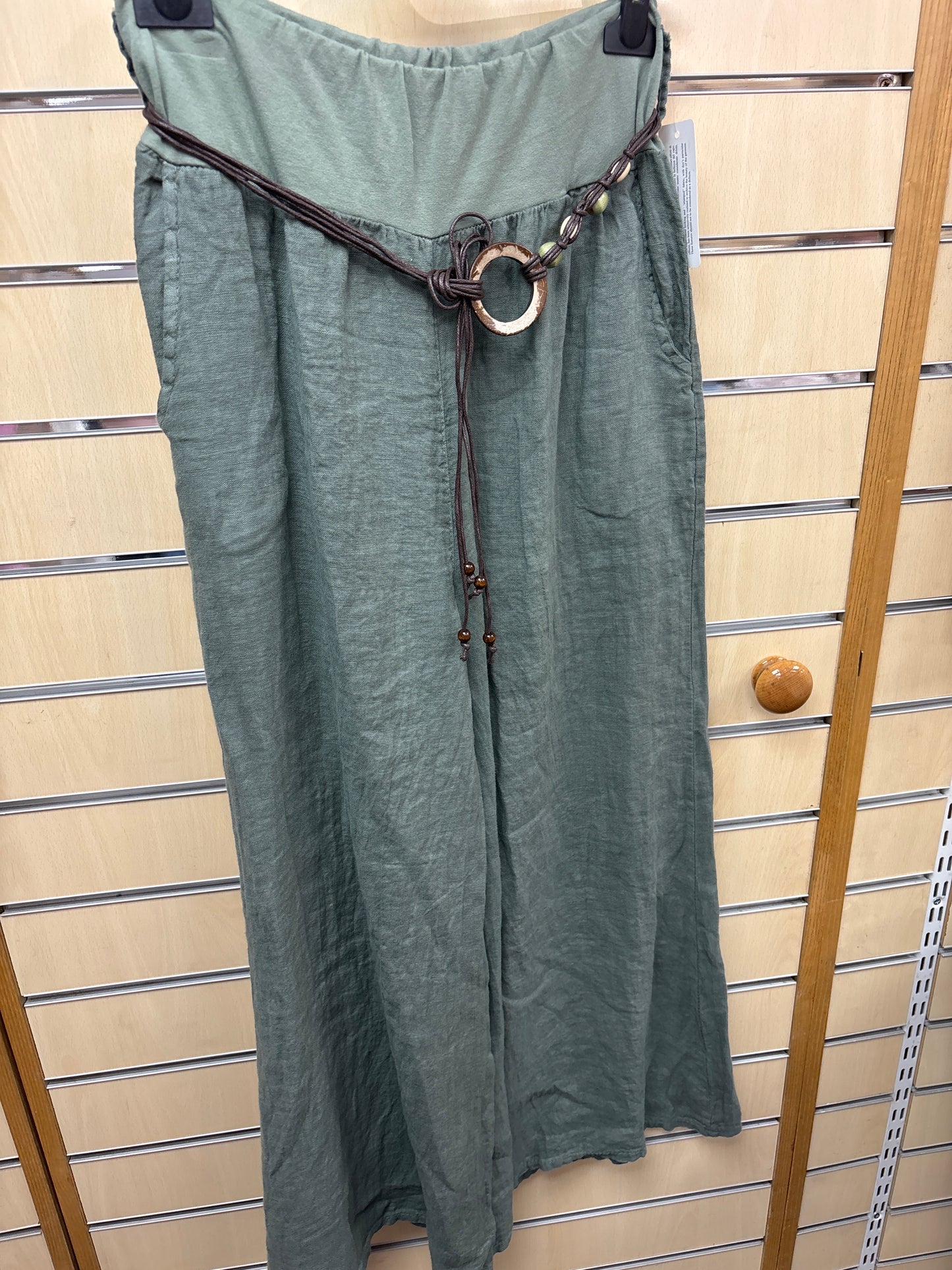 Belted Linen Trousers in Khaki