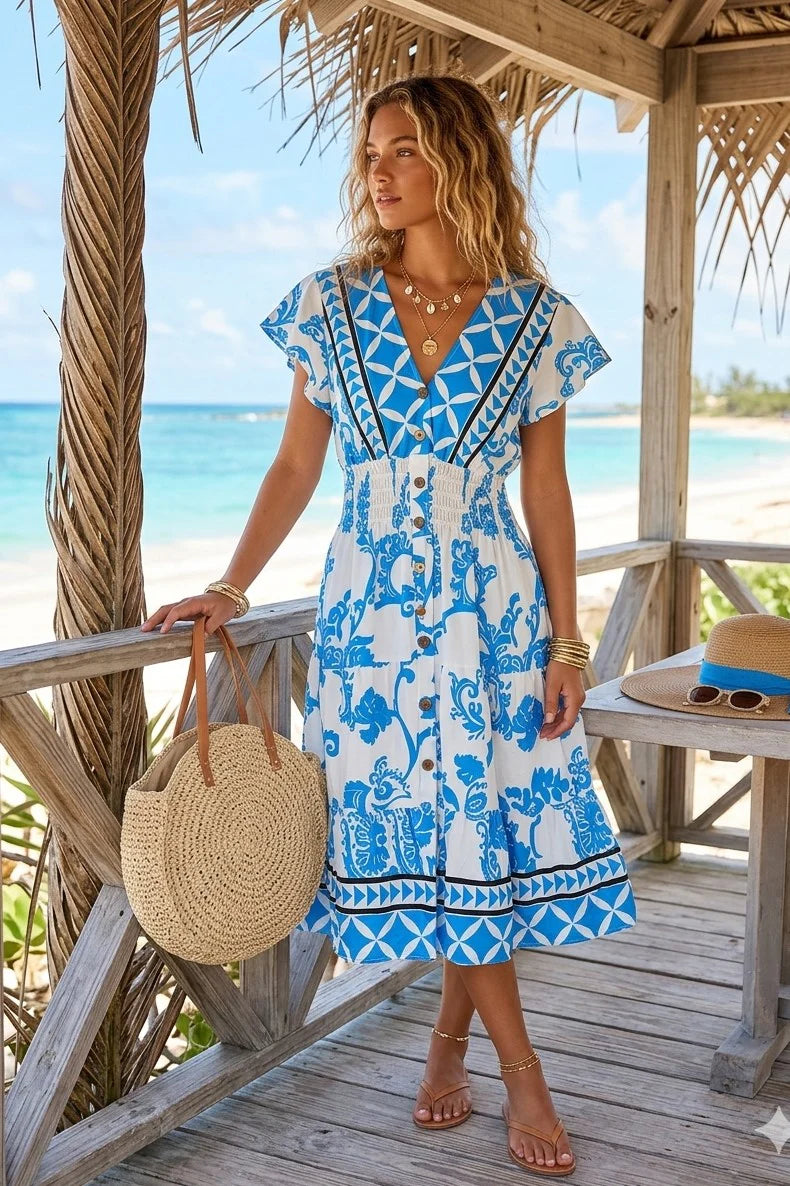 Printed V Neck Button Dress in Blue