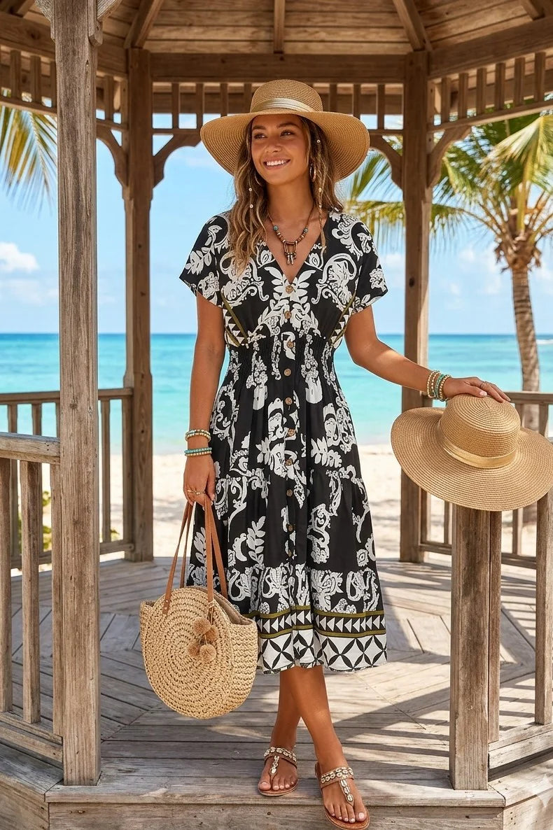 Printed V Neck Button Dress in Black