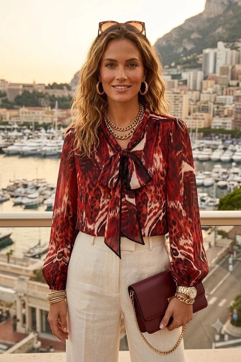 Animal Print Pussy Bow Shirt in Red