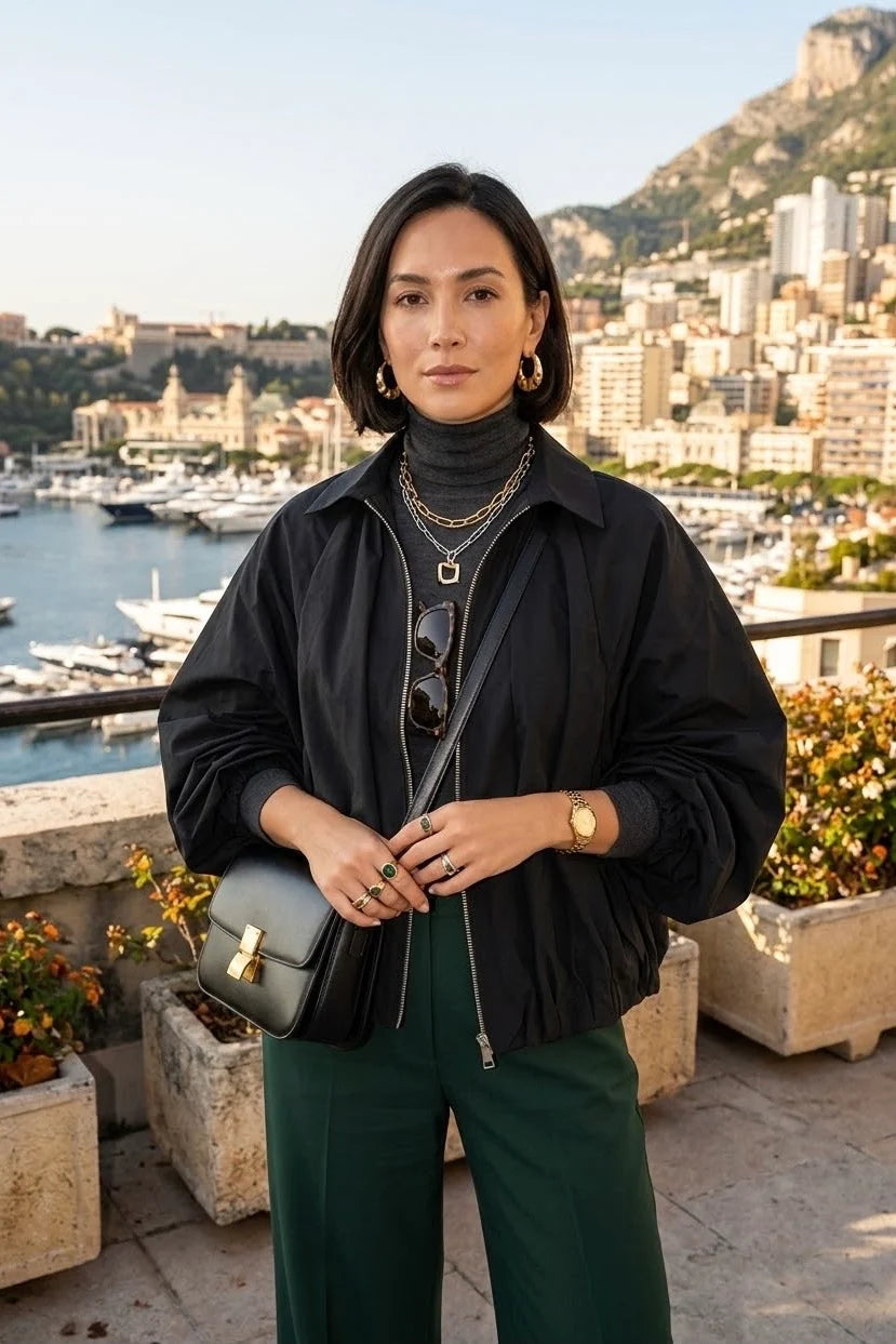 Oversized Gathered Detail Rain Jacket in Black