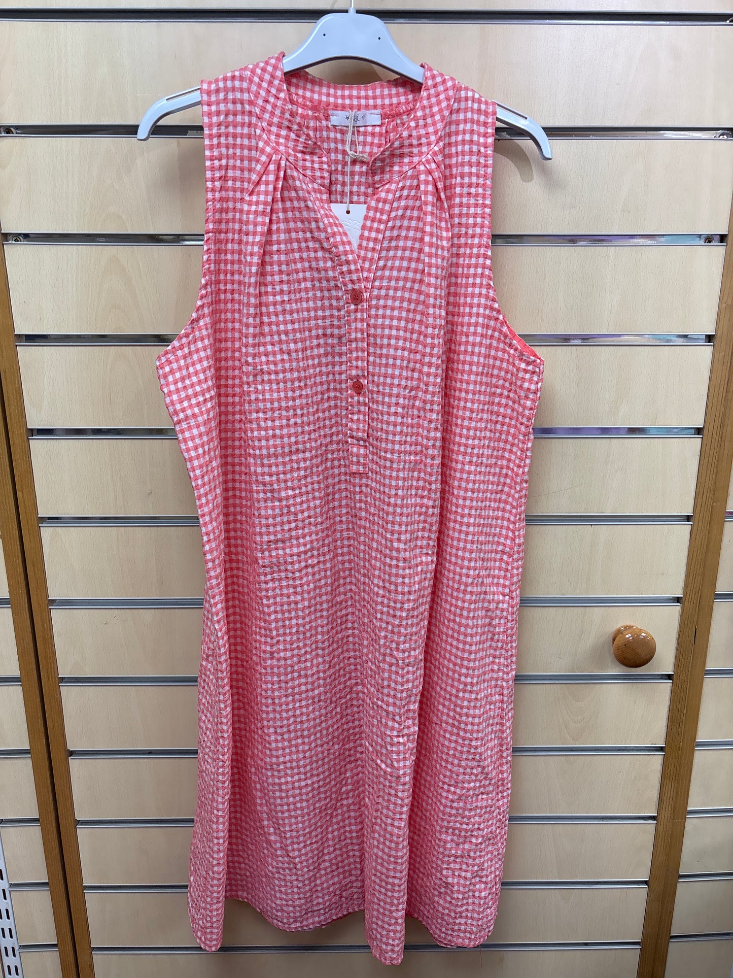 Button Gingham Strappy Dress in Coral