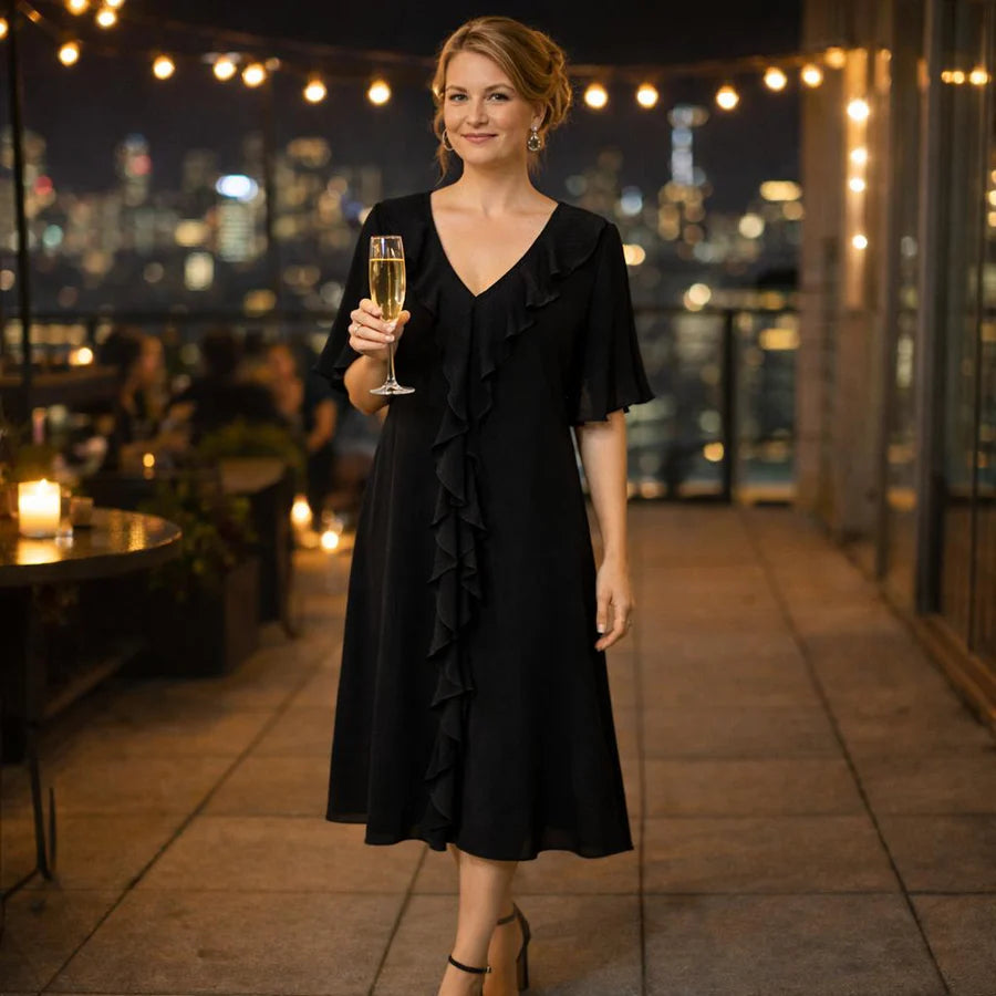 Ruffle V Neck Midi Dress in Black