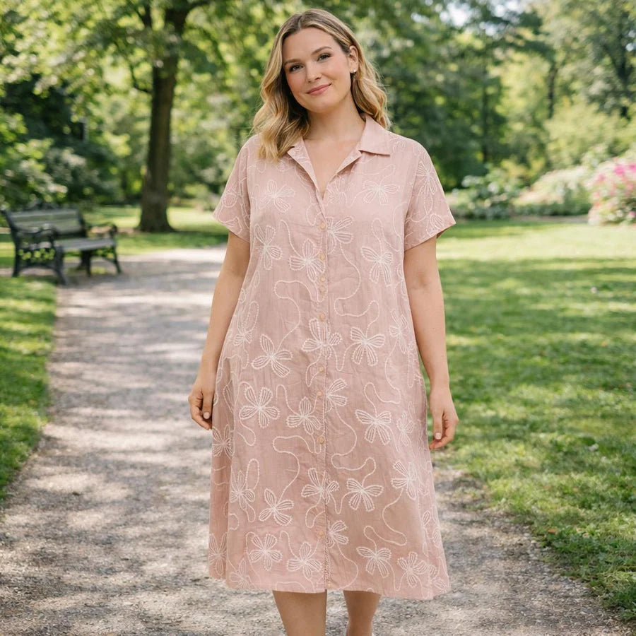 Breathable Cotton Silk Blend Premium Embroidered Summer Dress in Beige | One size UK 12–22 (Copy) (Copy)