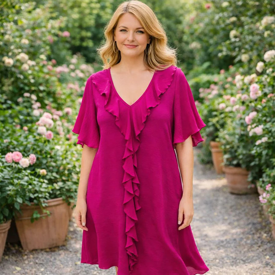 Ruffle V Neck Midi Dress in Pink