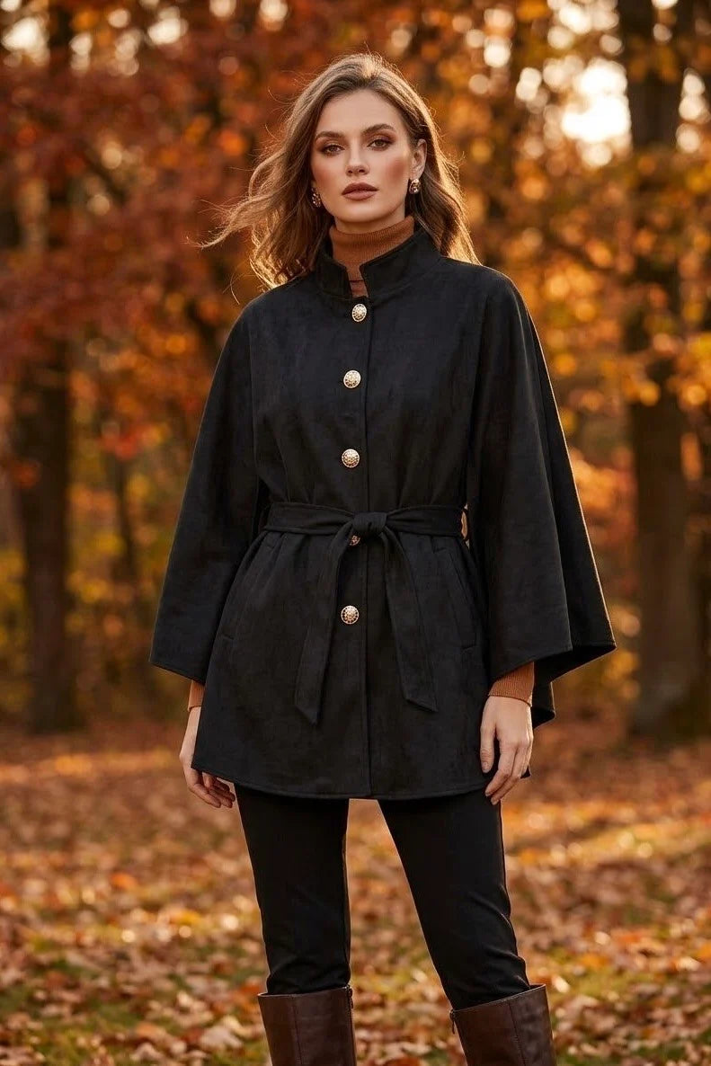 Suede Style Belted Gold Button Cape in Black