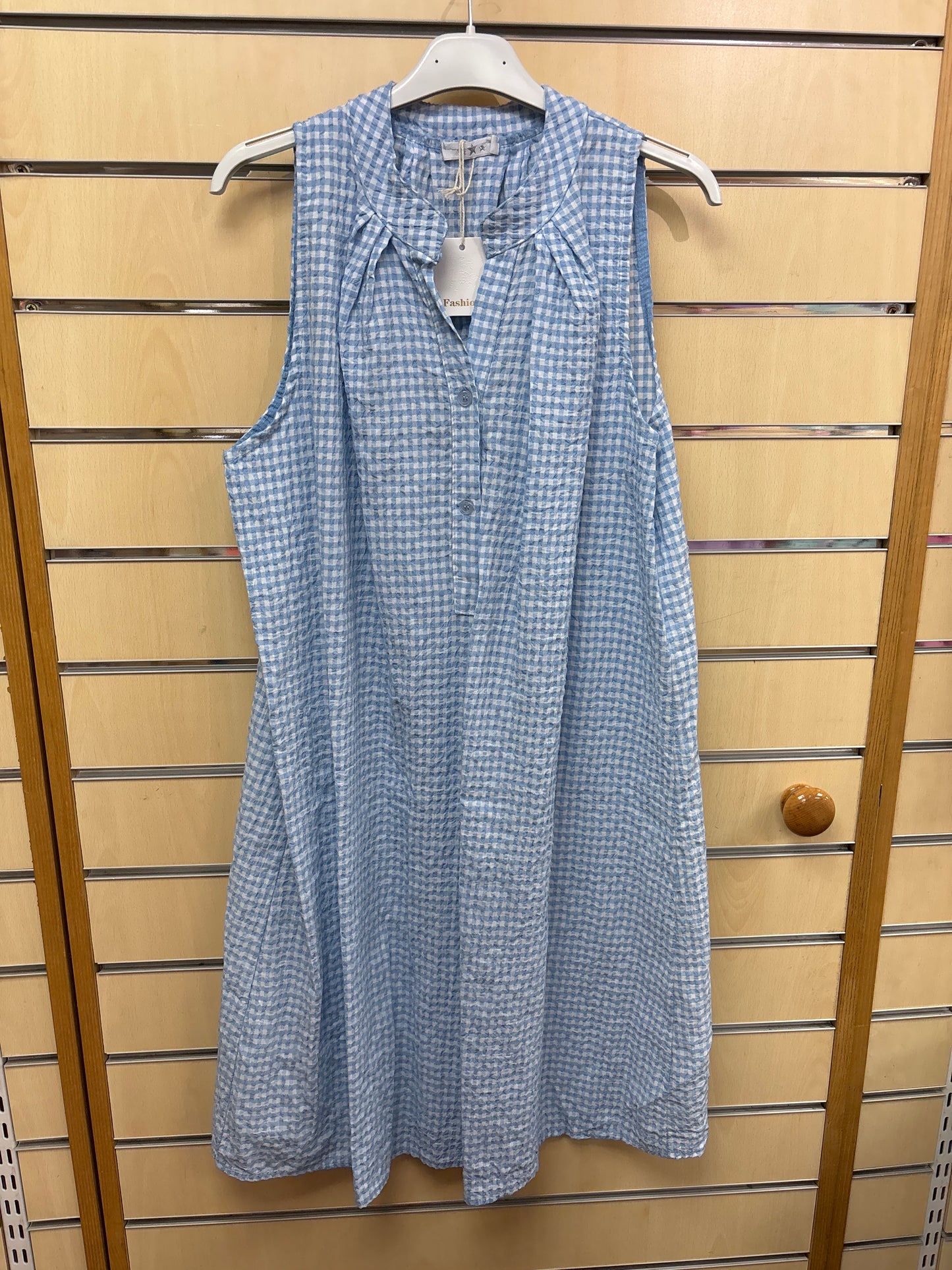 Button Gingham Strappy Dress in Light Blue