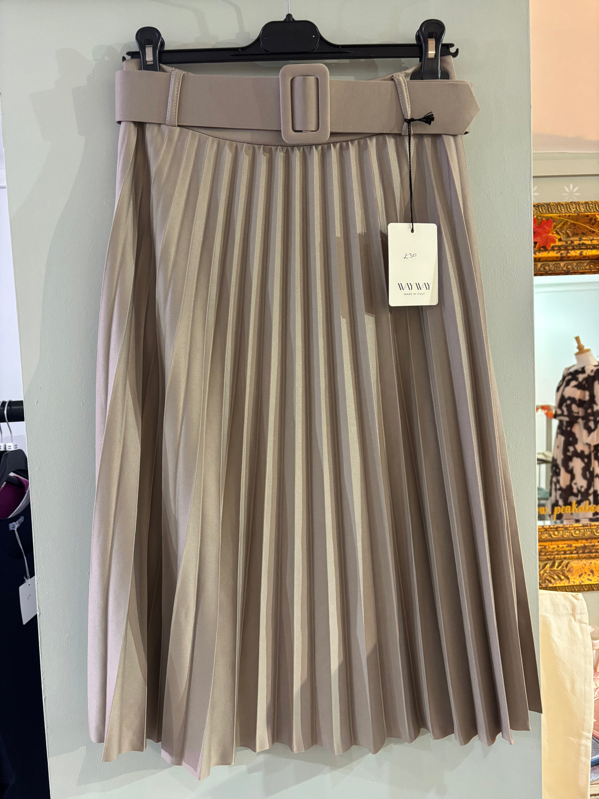 Belted Pleated Skirt in Beige