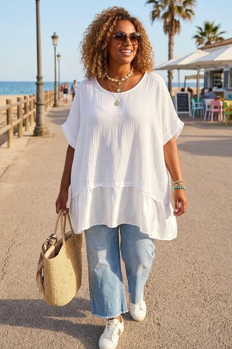 Satin Panel Sequin Blouse Top in White