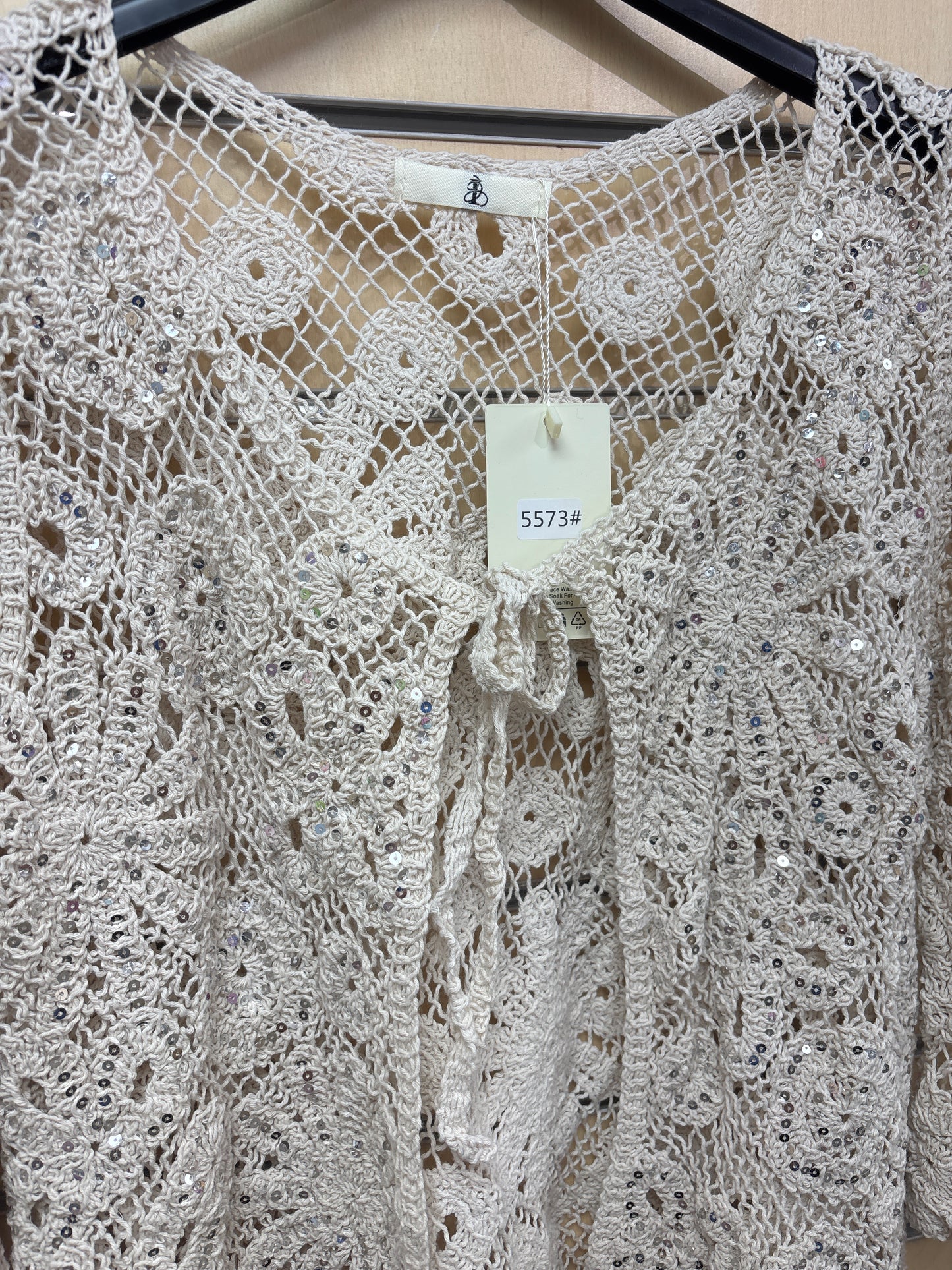 Crochet Sequin Cardigan in Beige