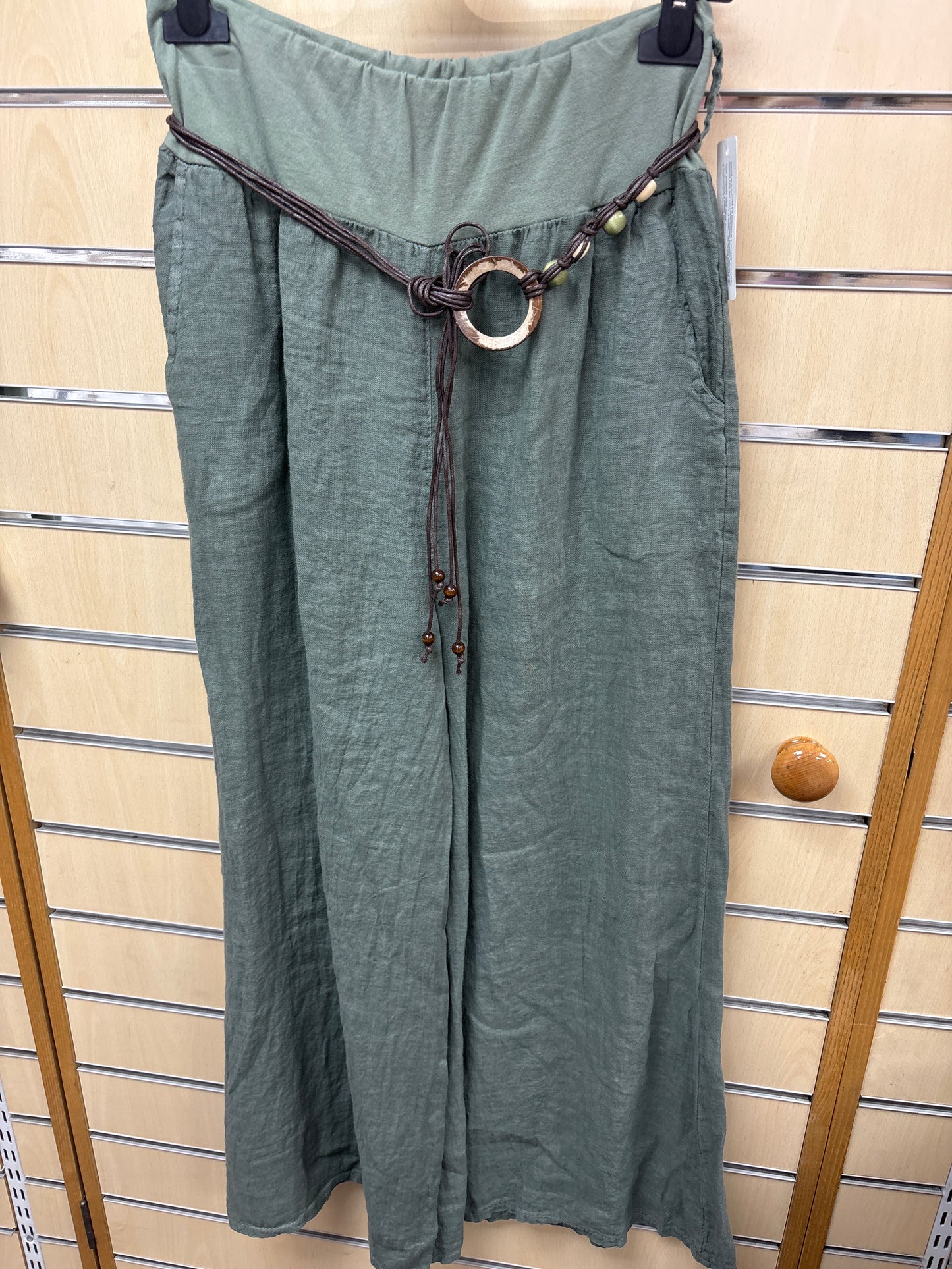 Belted Linen Trousers in Khaki