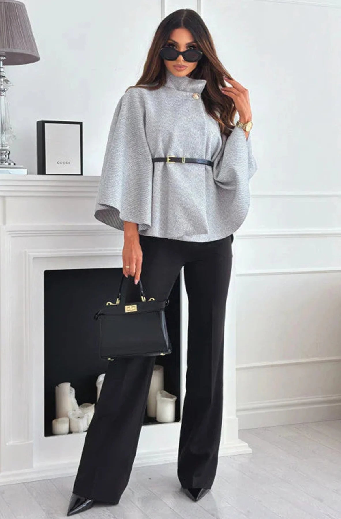 Gold Button Belted Cape in Grey