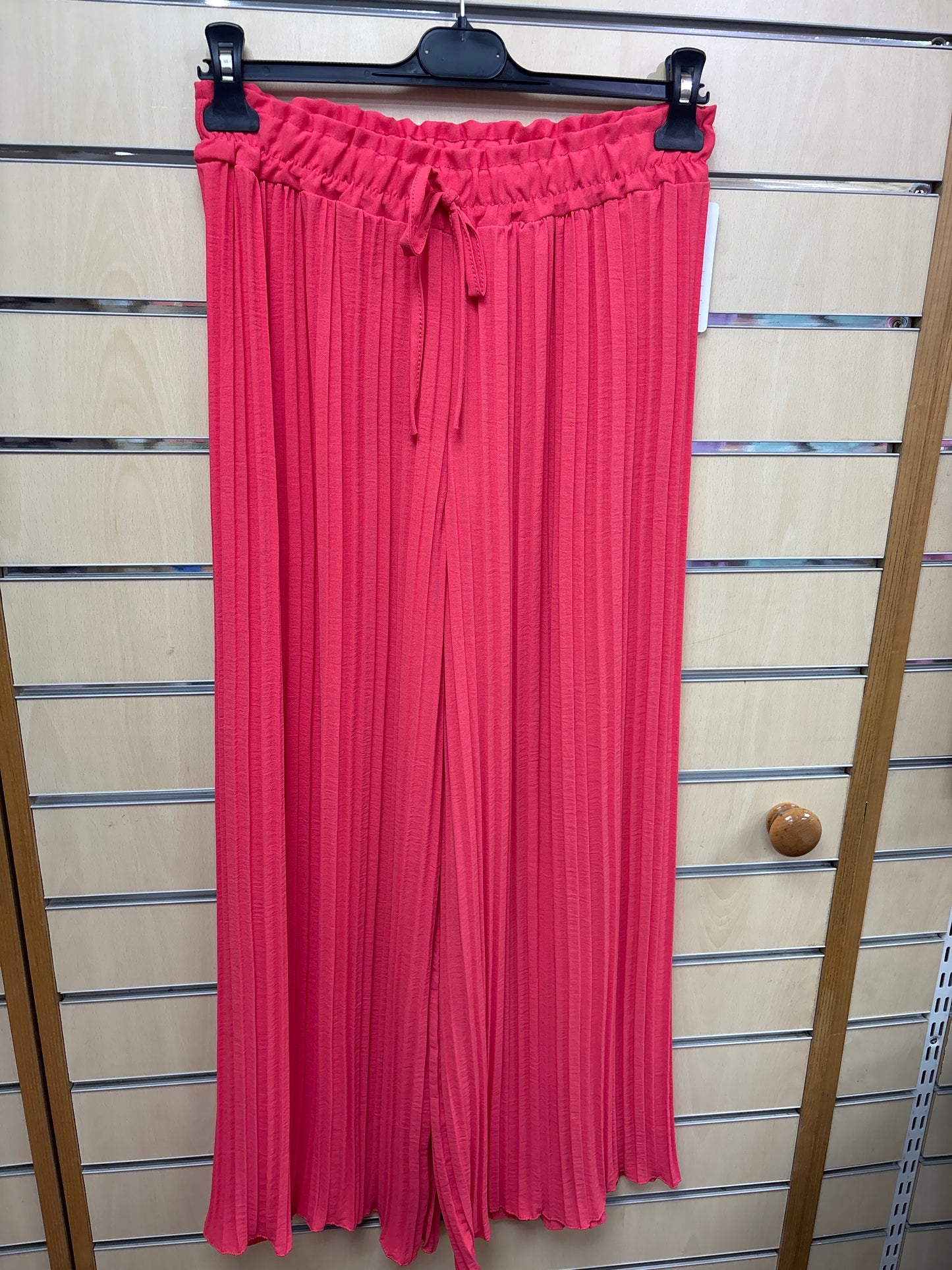 Wide Leg Plisse Drawstring Trousers in Coral
