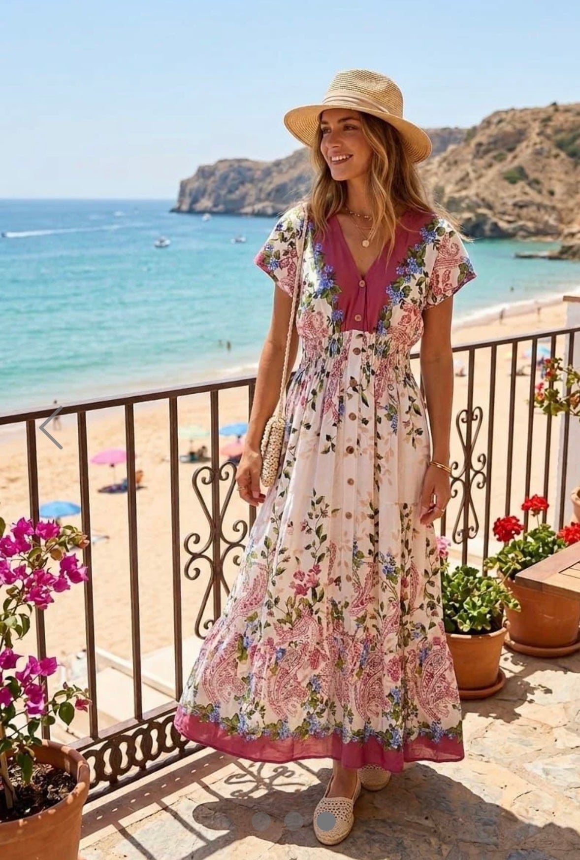 Floral V Neck Button Dress in Pink