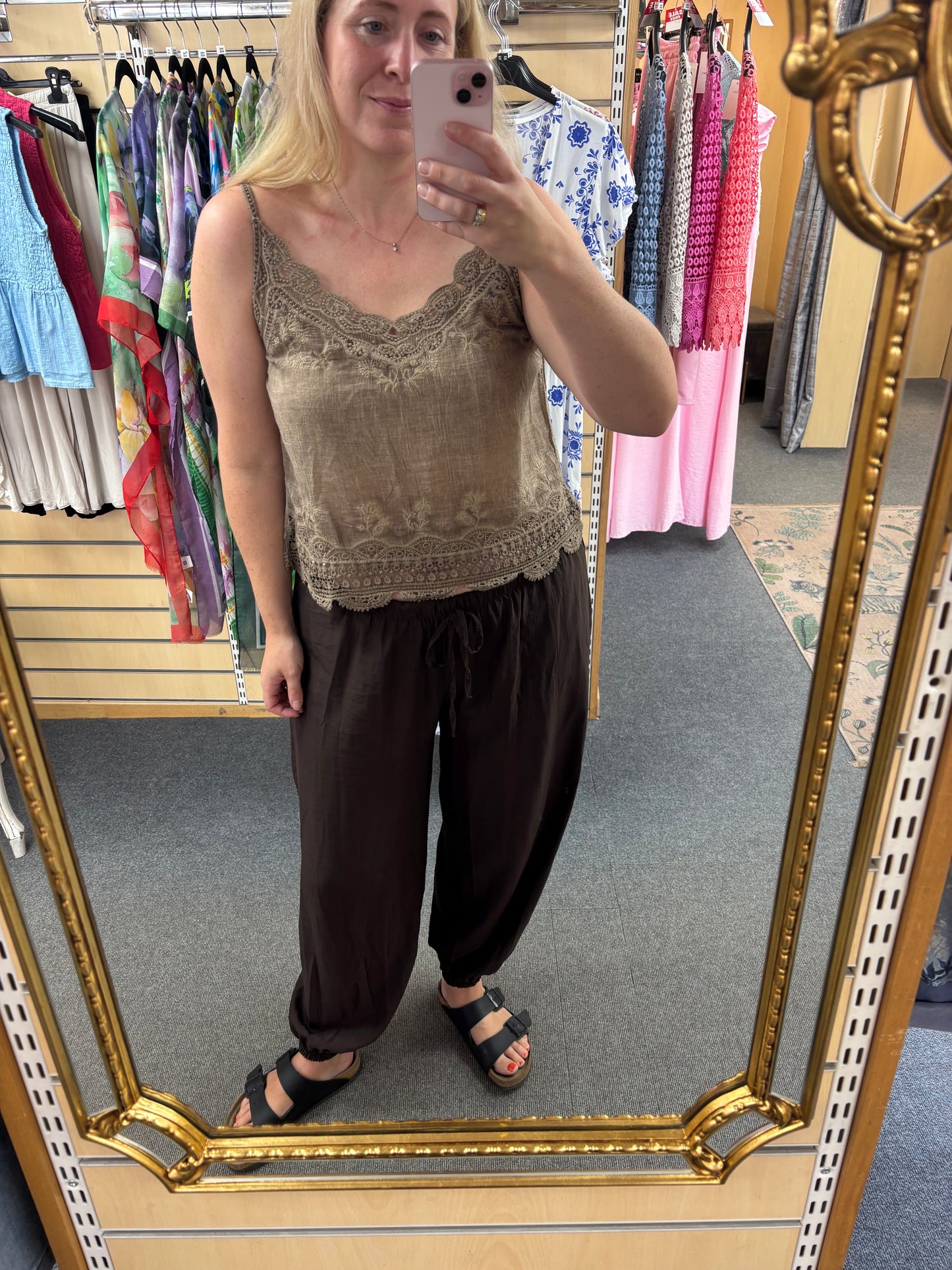 Plain Lace Cami Top in Brown