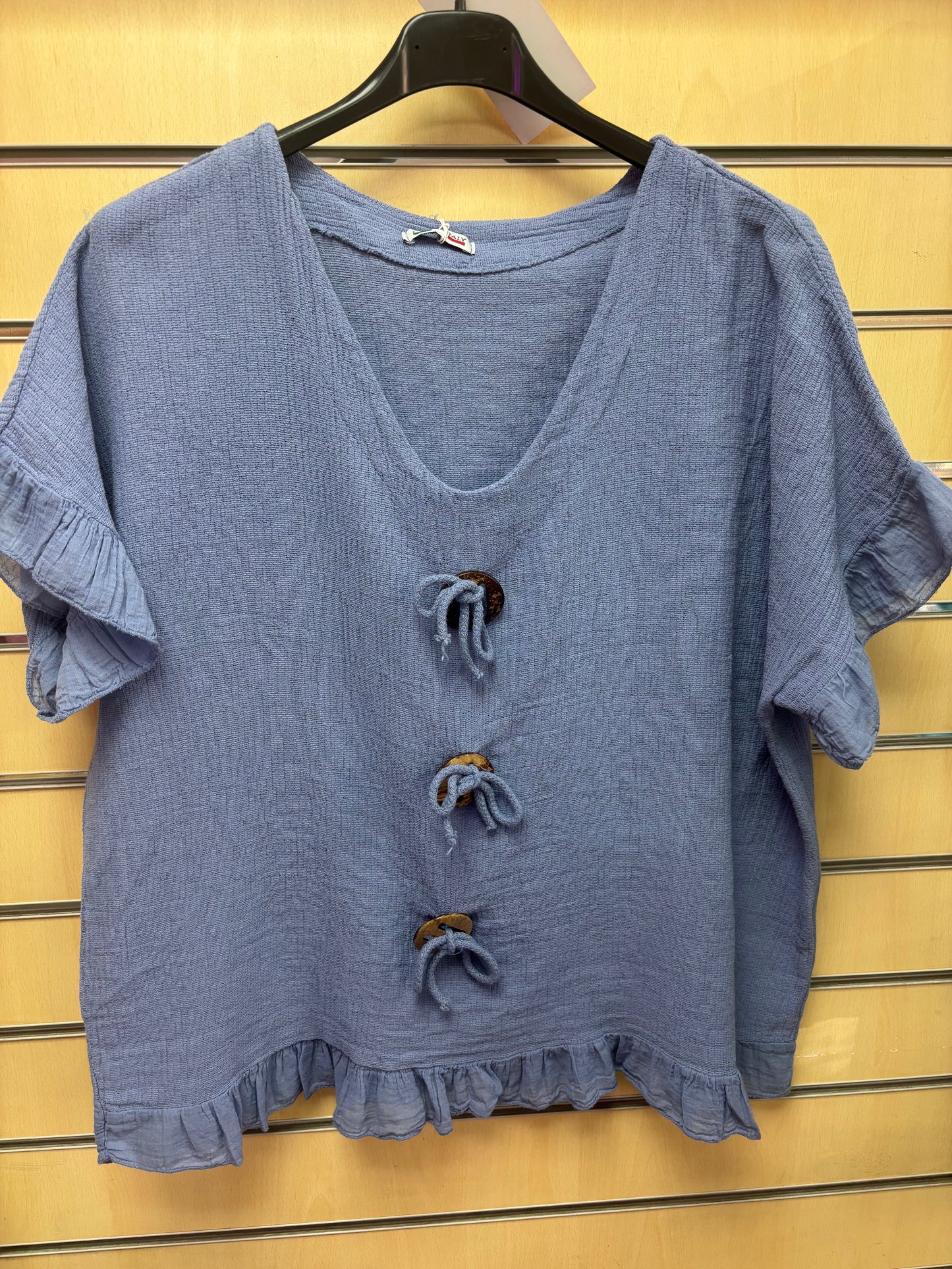 3 Button Cotton Top in Denim Blue