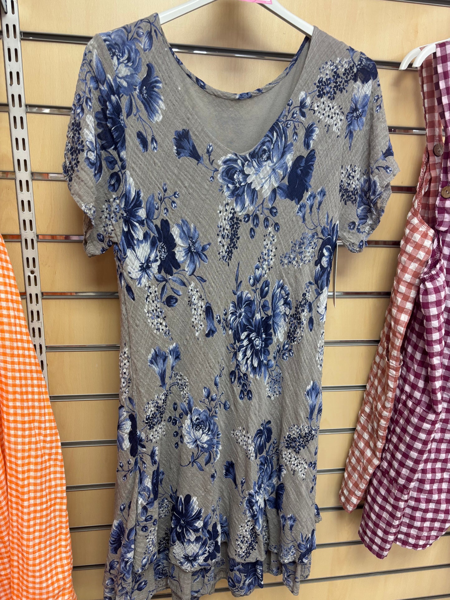 V Neck Floral Cotton Dress in Mocha