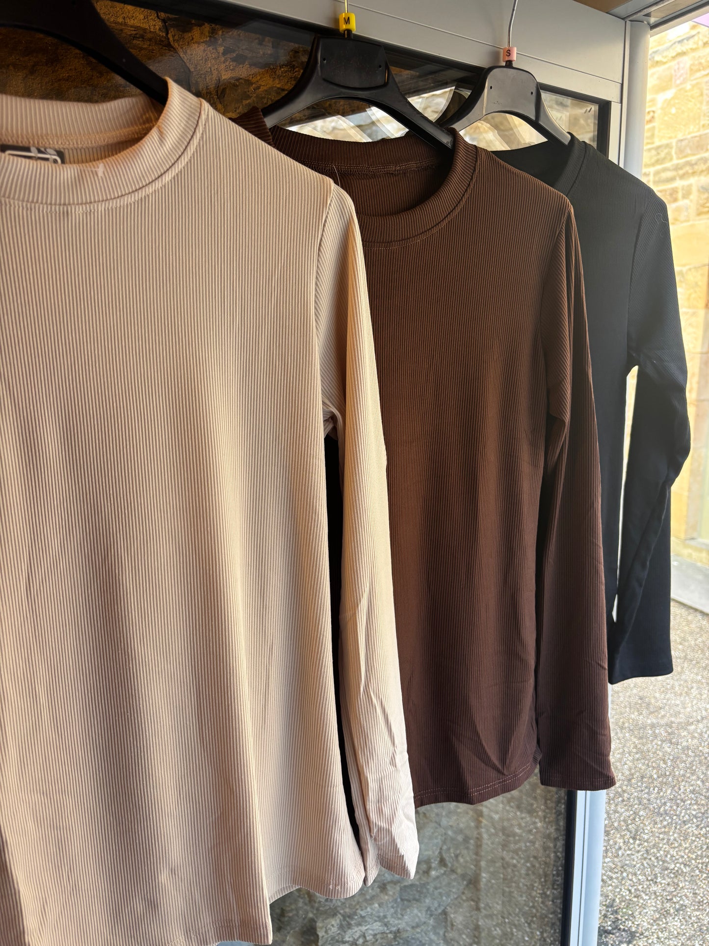 Basic Ribbed Long Sleeve Top in Beige