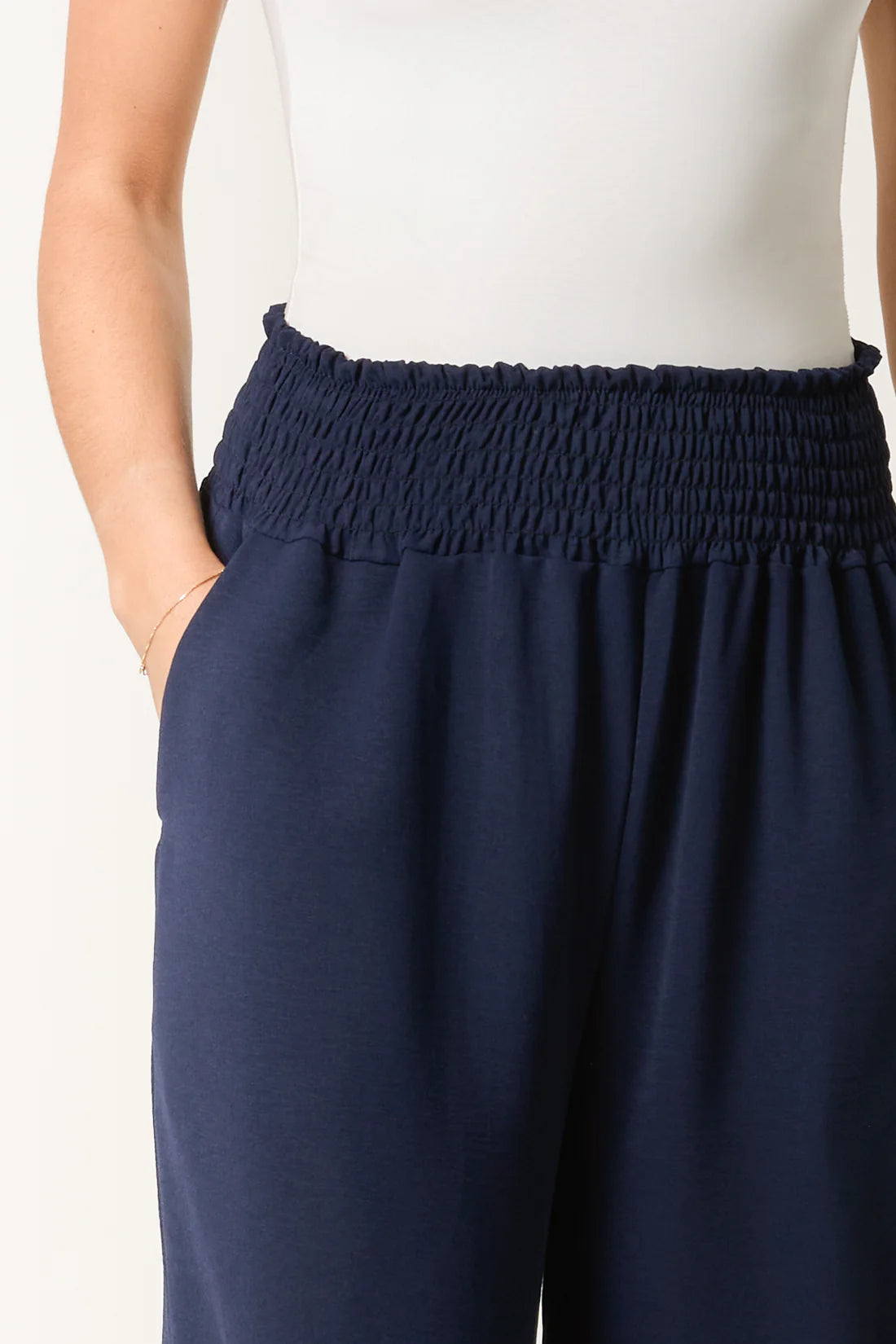 Elasticated Waist Wide Leg Trousers in Navy