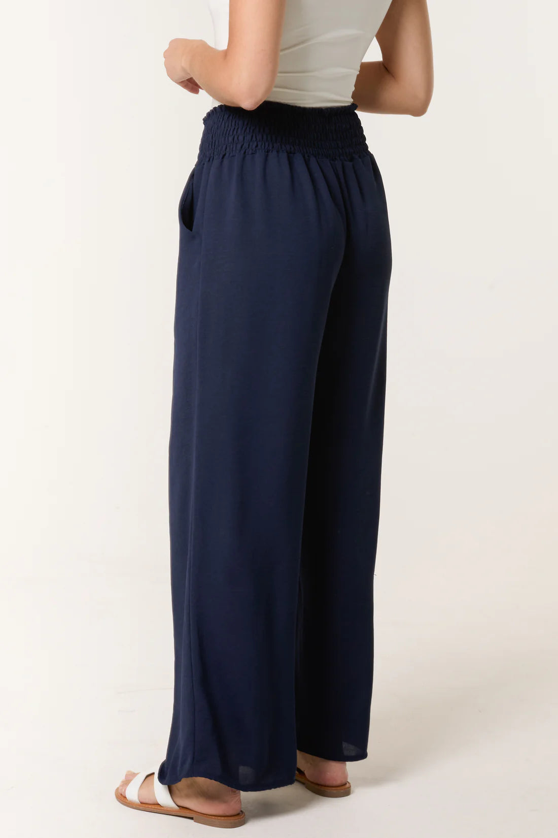 Elasticated Waist Wide Leg Trousers in Navy