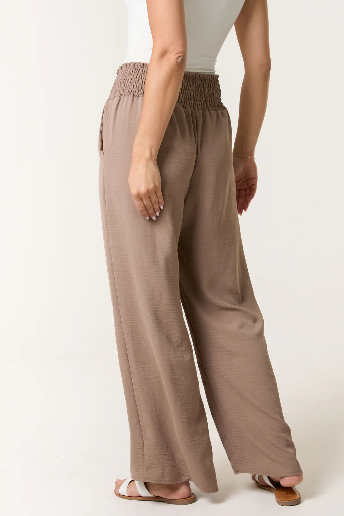 Elasticated Waist Wide Leg Trousers in Mocha