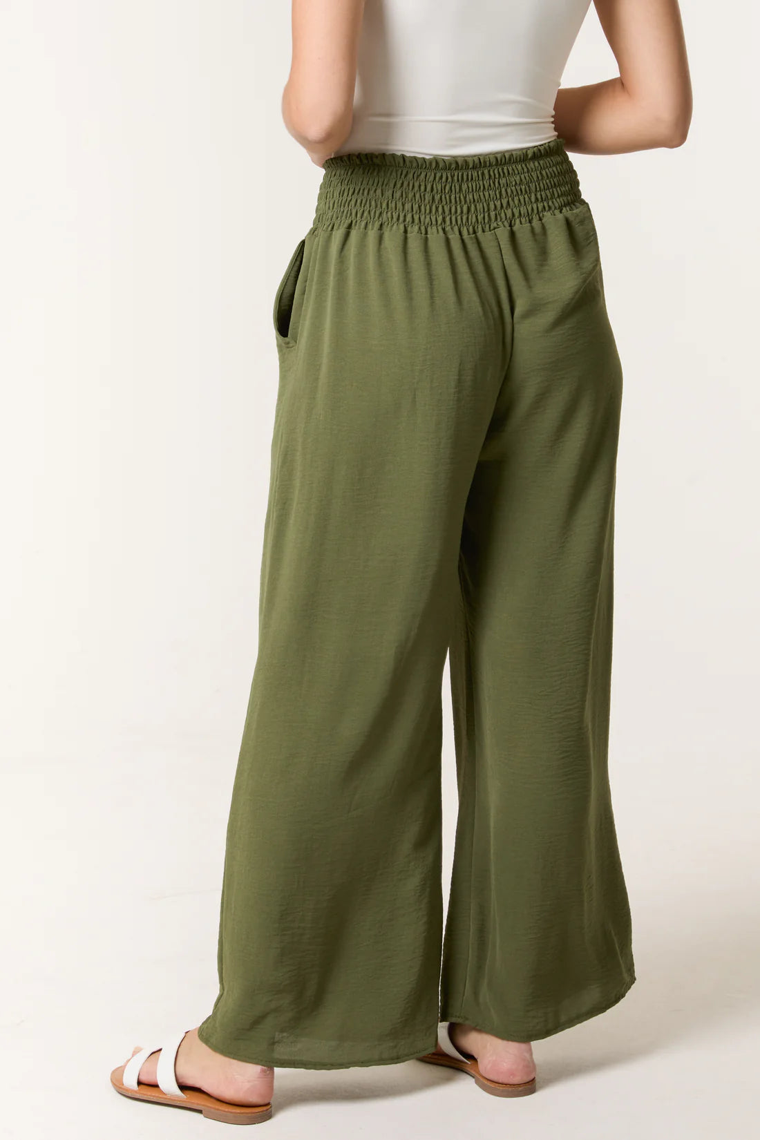 Elasticated Waist Wide Leg Trousers in Khaki