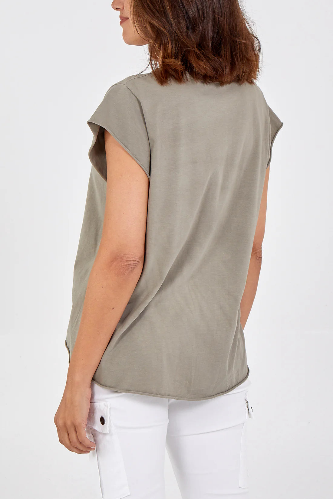 Cap Sleeve High Low Cotton T-Shirt in Taupe
