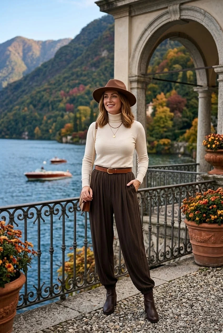 Jersey Elasticated Hem Trousers in Brown