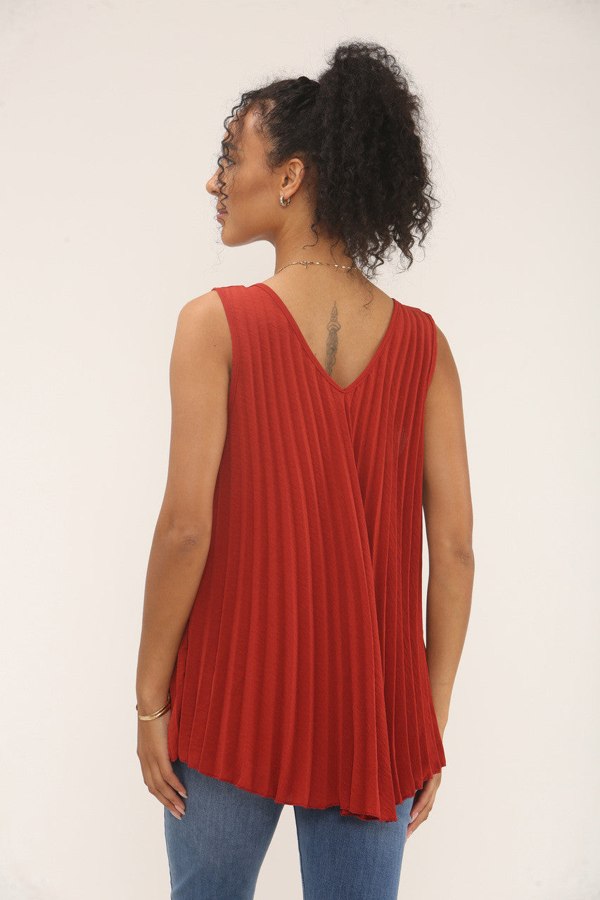 Sleeveless Pleated V Neck Top in Rust