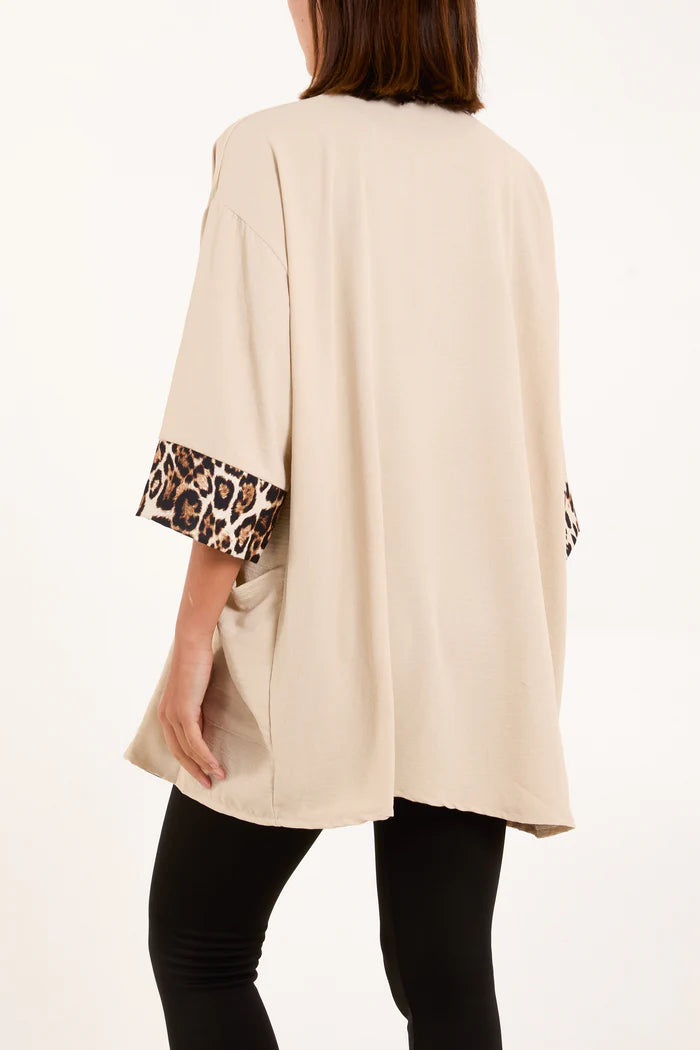 Leopard Print Trim Kimono Jacket in Beige