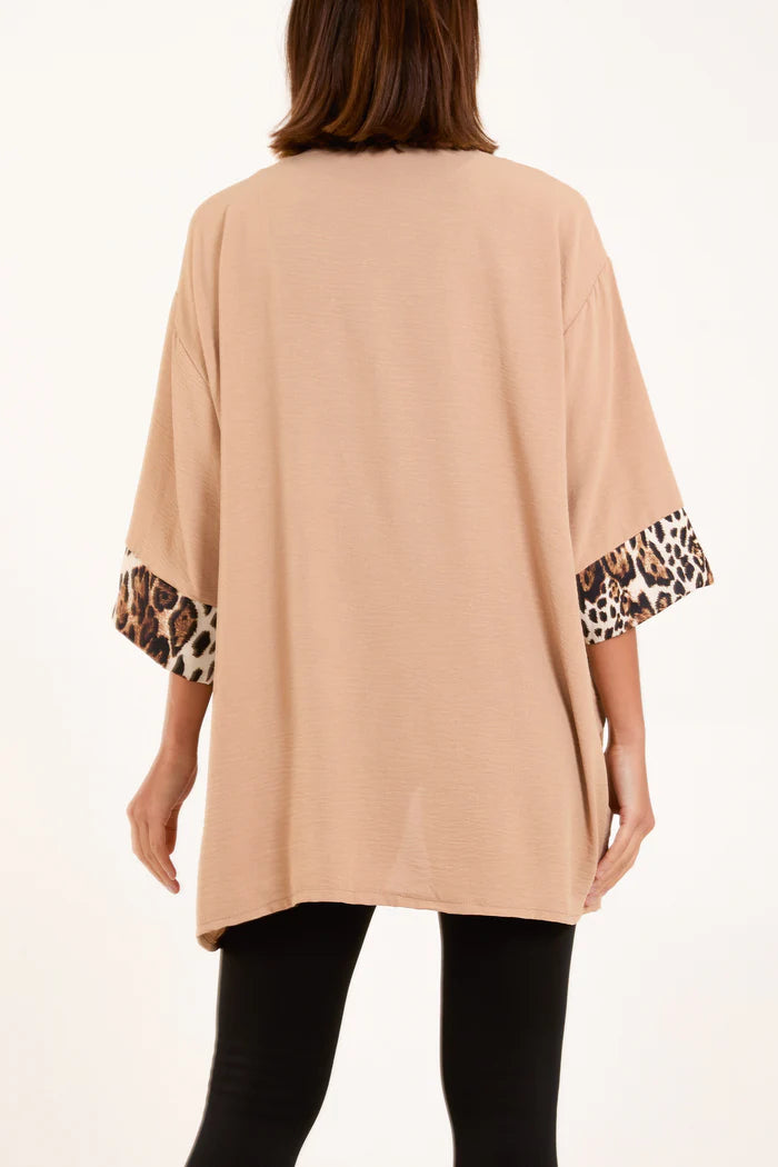 Leopard Print Trim Kimono Jacket in Camel