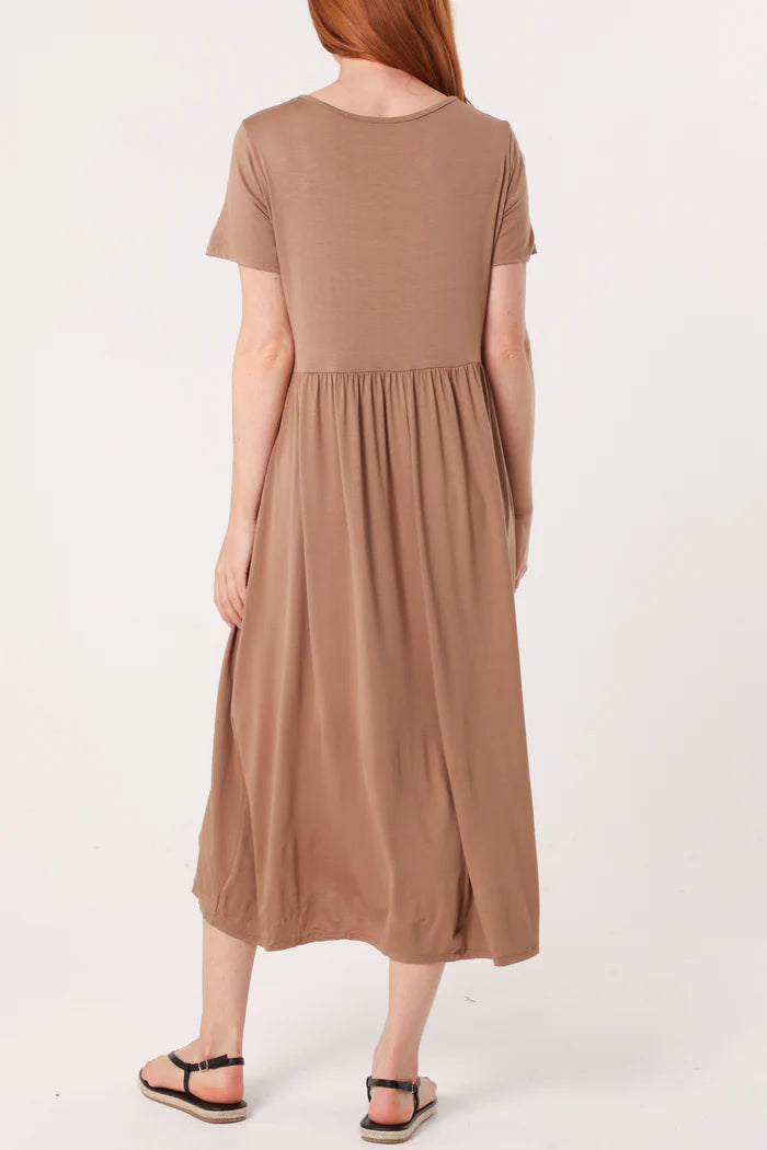 Round Neck Stretch Tiered Dress in Camel
