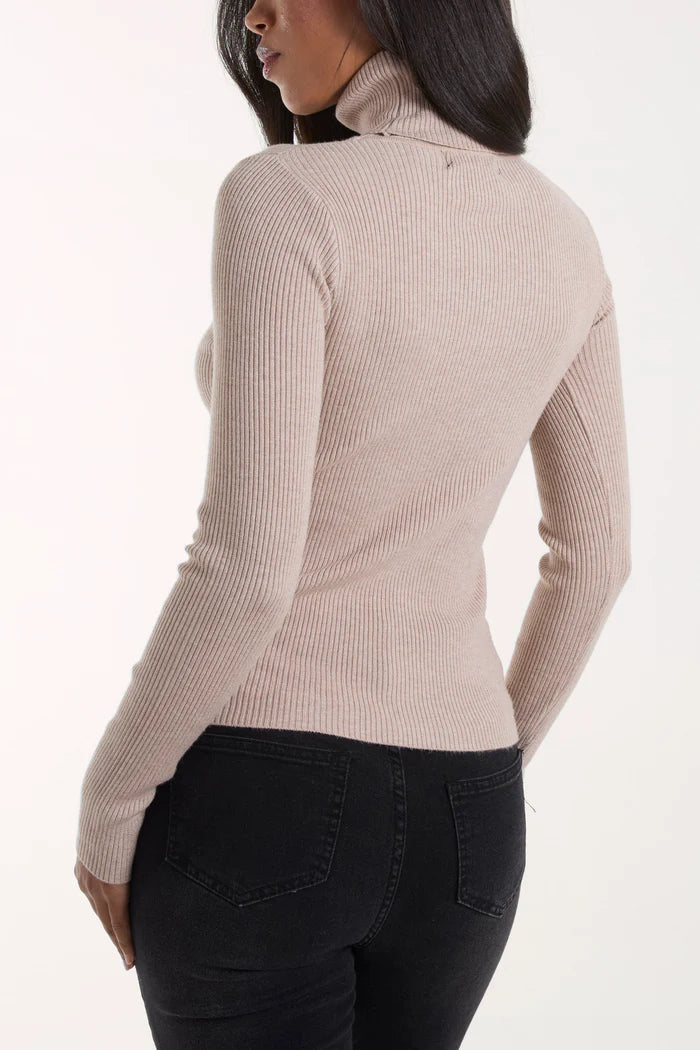 Roll Neck Ribbed Jumper in Beige
