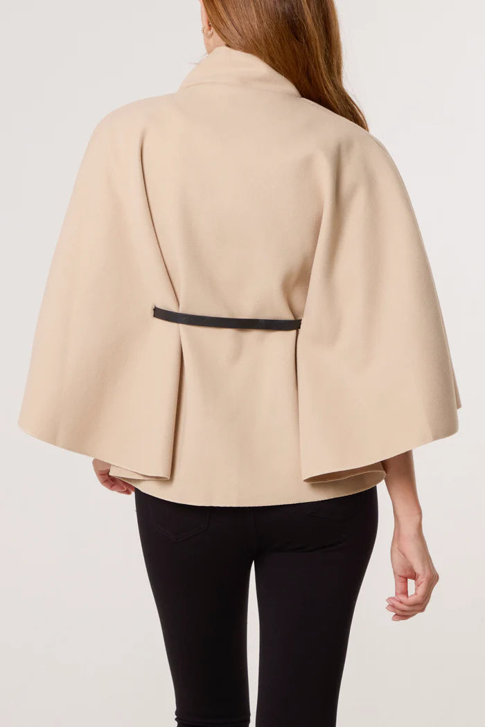Gold Button Belted Cape in Beige