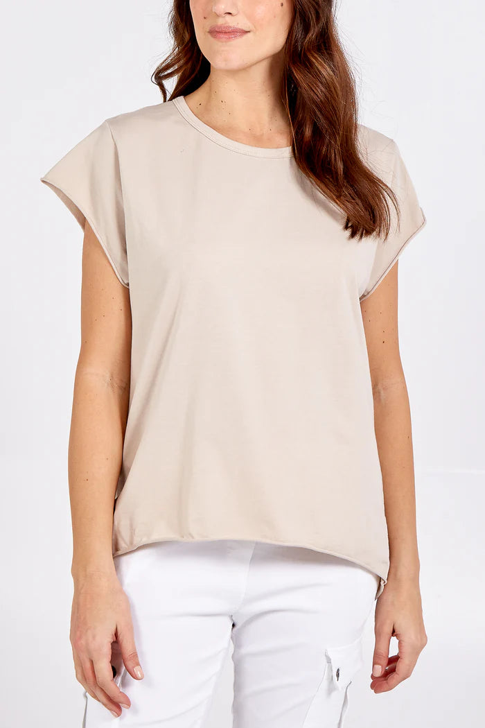 Cap Sleeve High Low Cotton T-Shirt in Beige