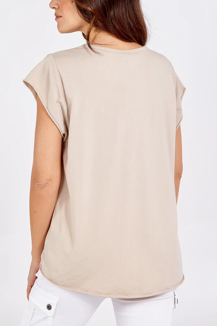 Cap Sleeve High Low Cotton T-Shirt in Beige