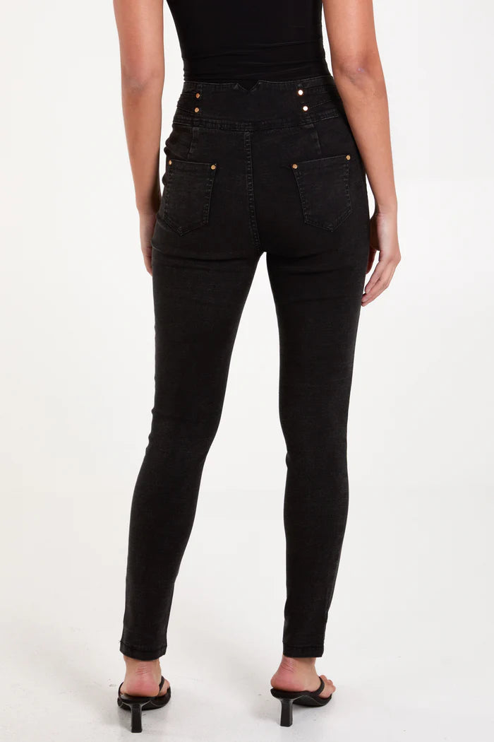 Gold Button High Waisted Stretch Black Denim Skinny Jeans