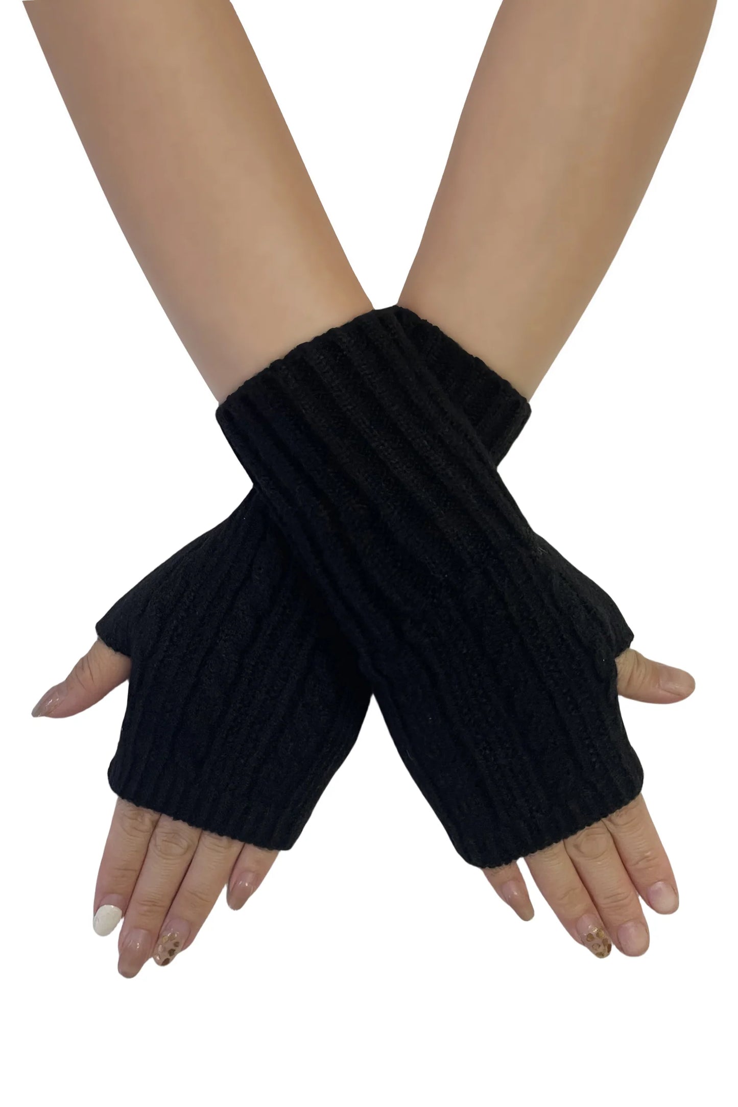 Cosy Long Knitted Wool Wrist Warmer Gloves in Black