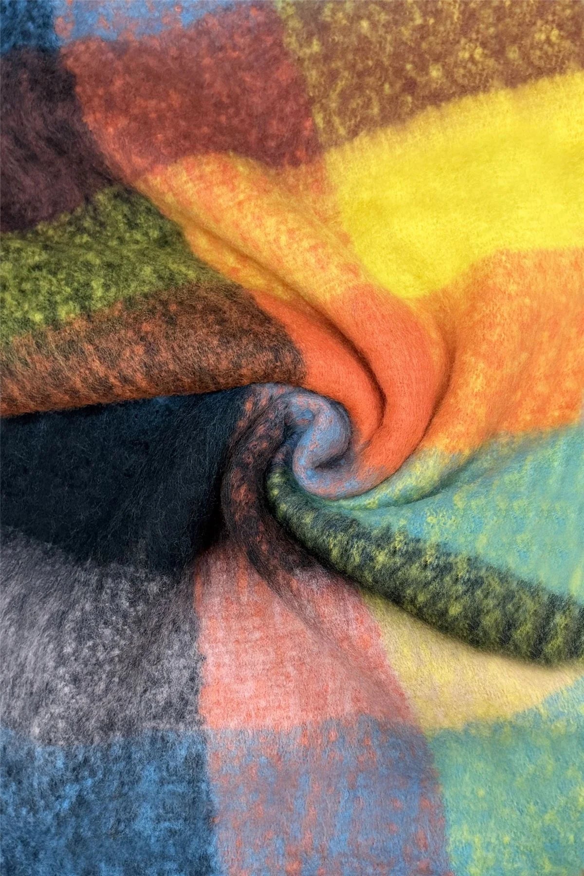 Multi Check Print Wool Tassel Scarf in Black