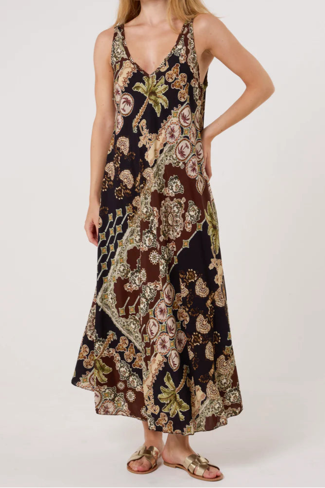 Double V Neck Palm Maxi Dress in Black