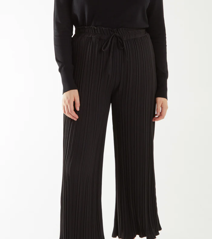 Black Wide Leg Plisse Drawstring Trousers
