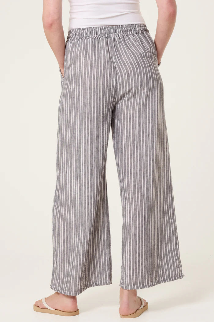 Cotton Blend Stripe Wide Leg Trousers in Black