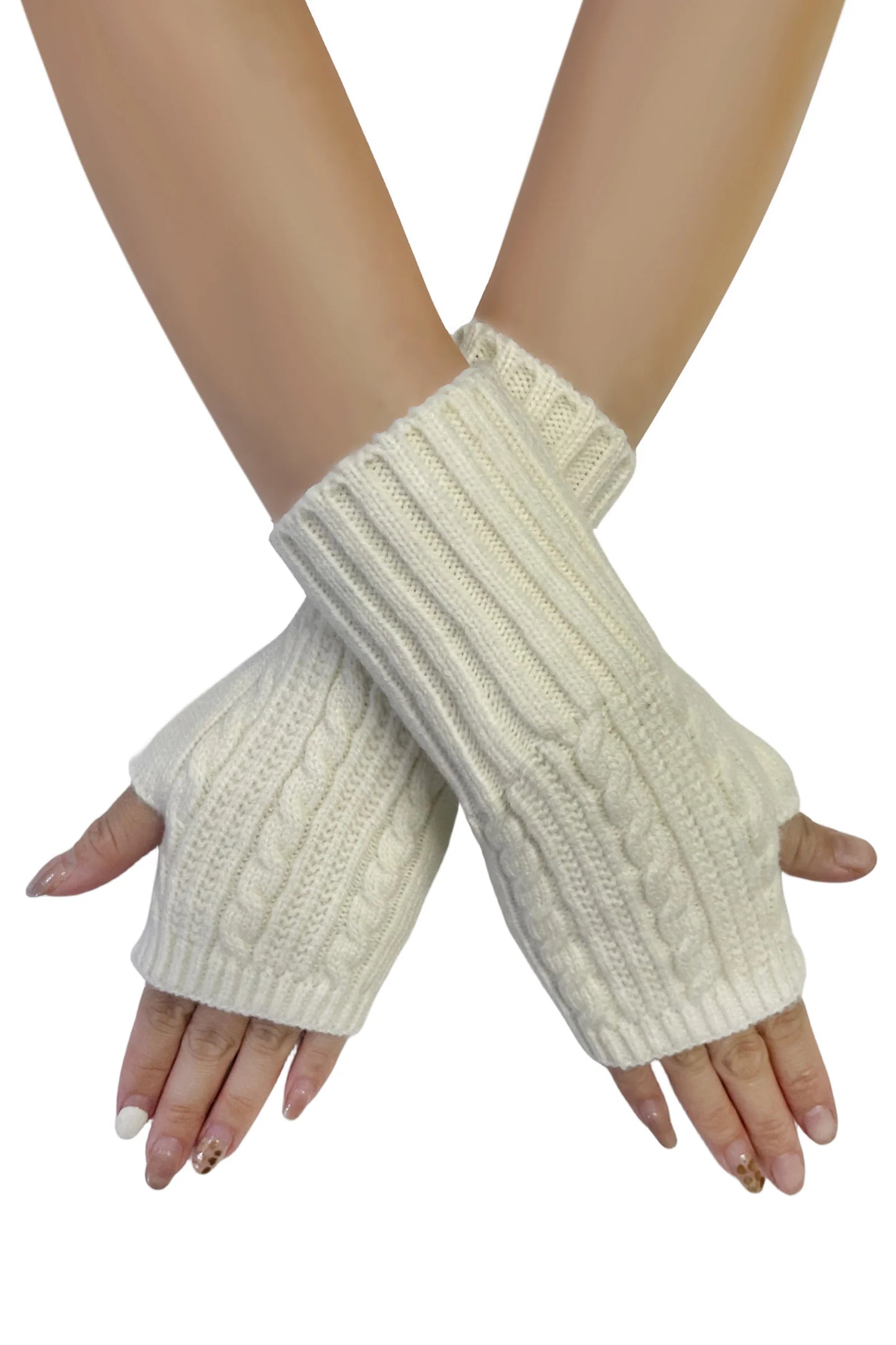 Cosy Long Knitted Wool Wrist Warmer Gloves in Cream