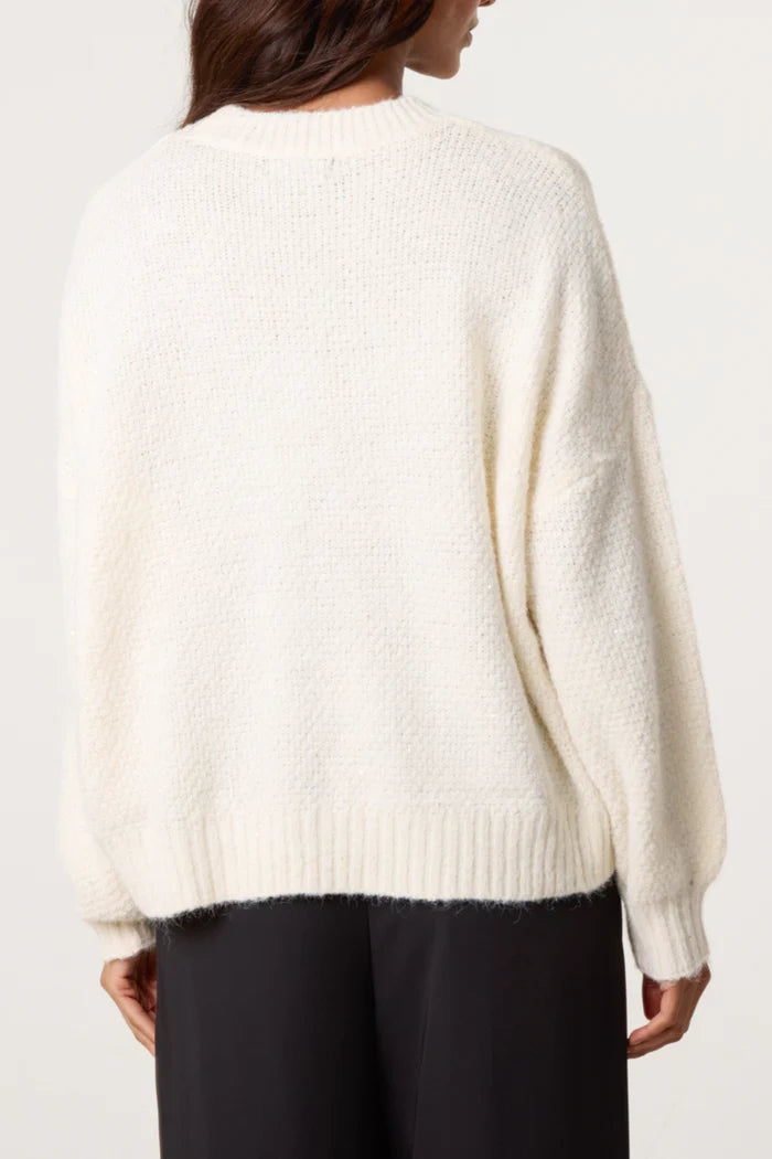 Ivory Textured Knit Crew Neck Jumper with Sparkle