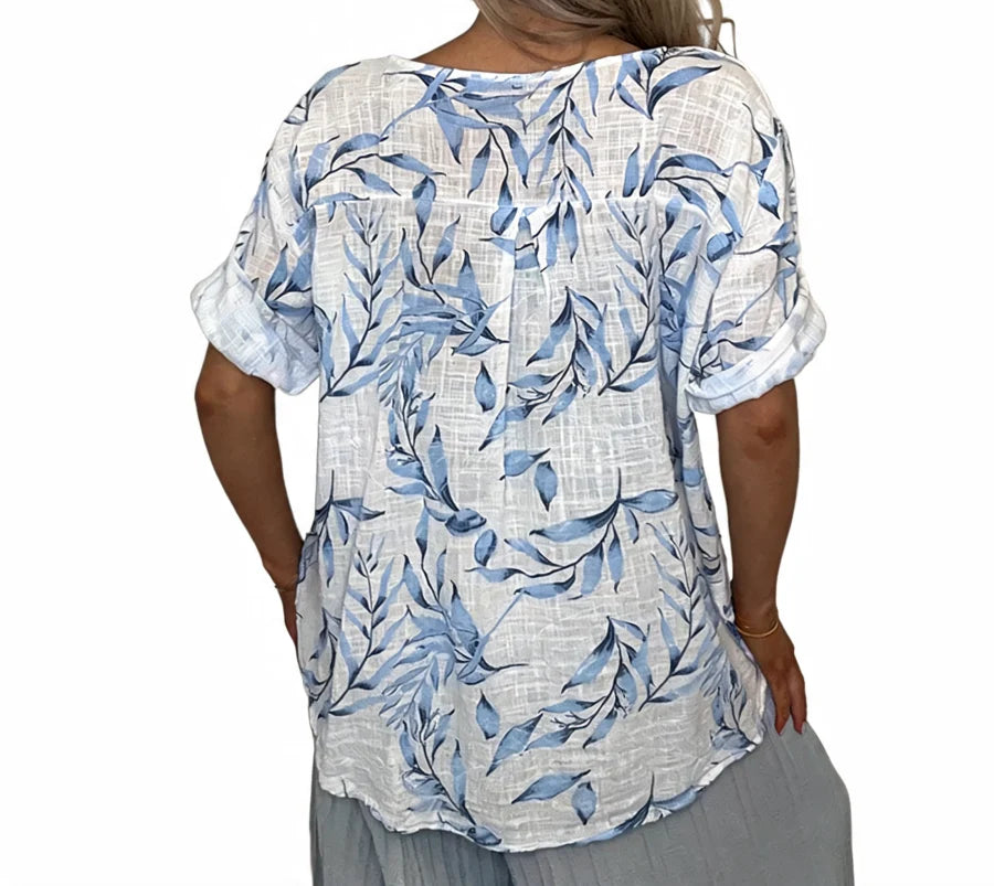Leaf Print Cotton Top in White
