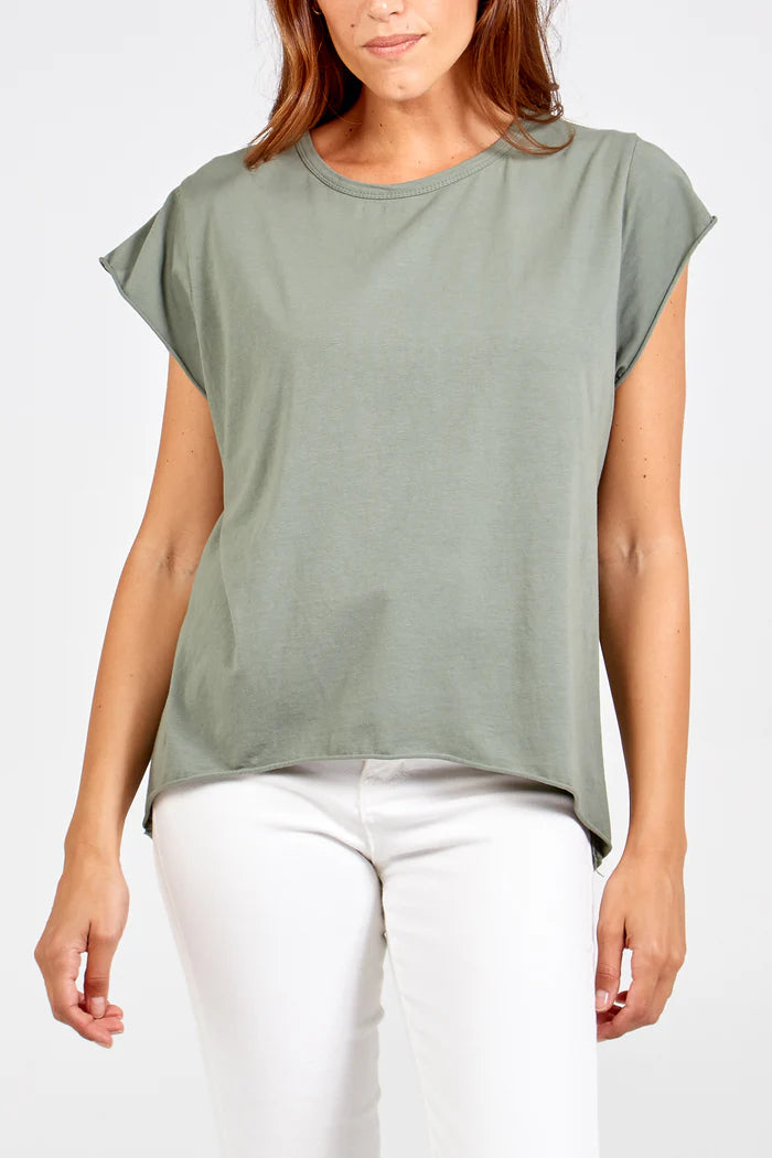 Cap Sleeve High Low Cotton T-Shirt in Khaki