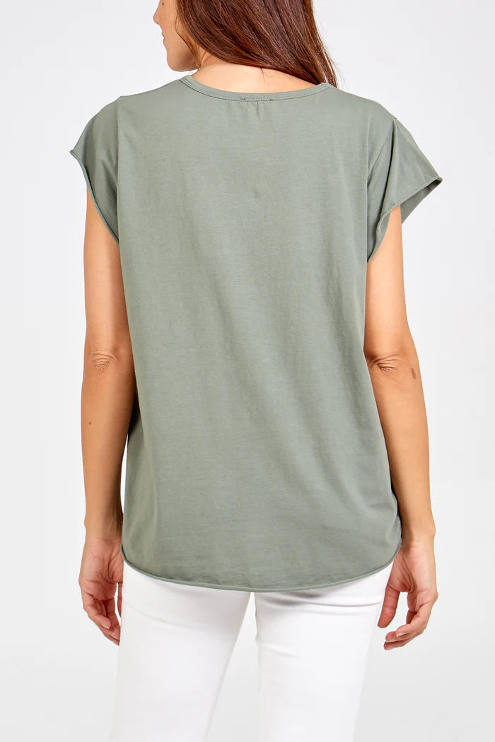 Cap Sleeve High Low Cotton T-Shirt in Khaki