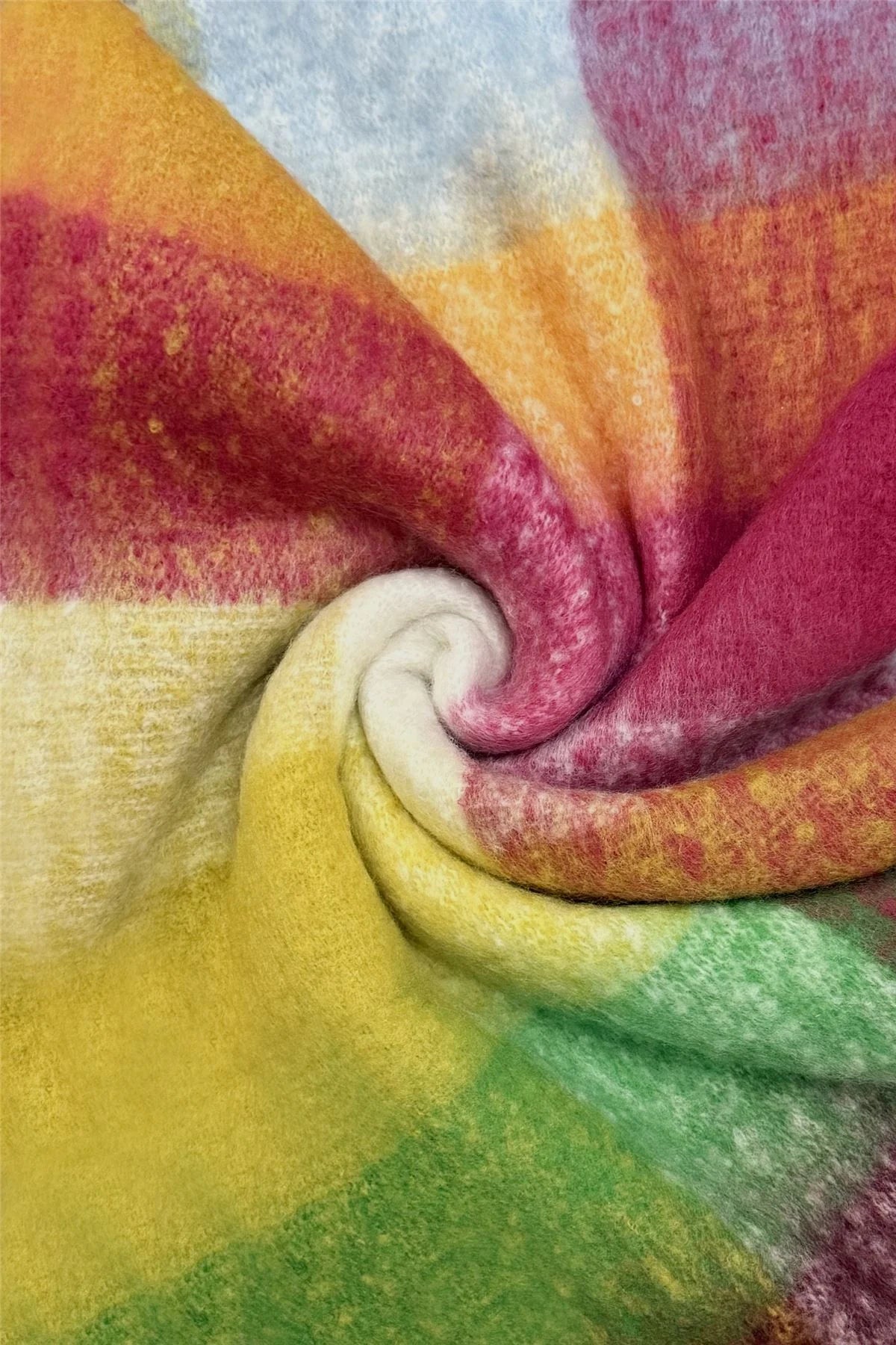 Multi Check Print Wool Tassel Scarf in Magenta