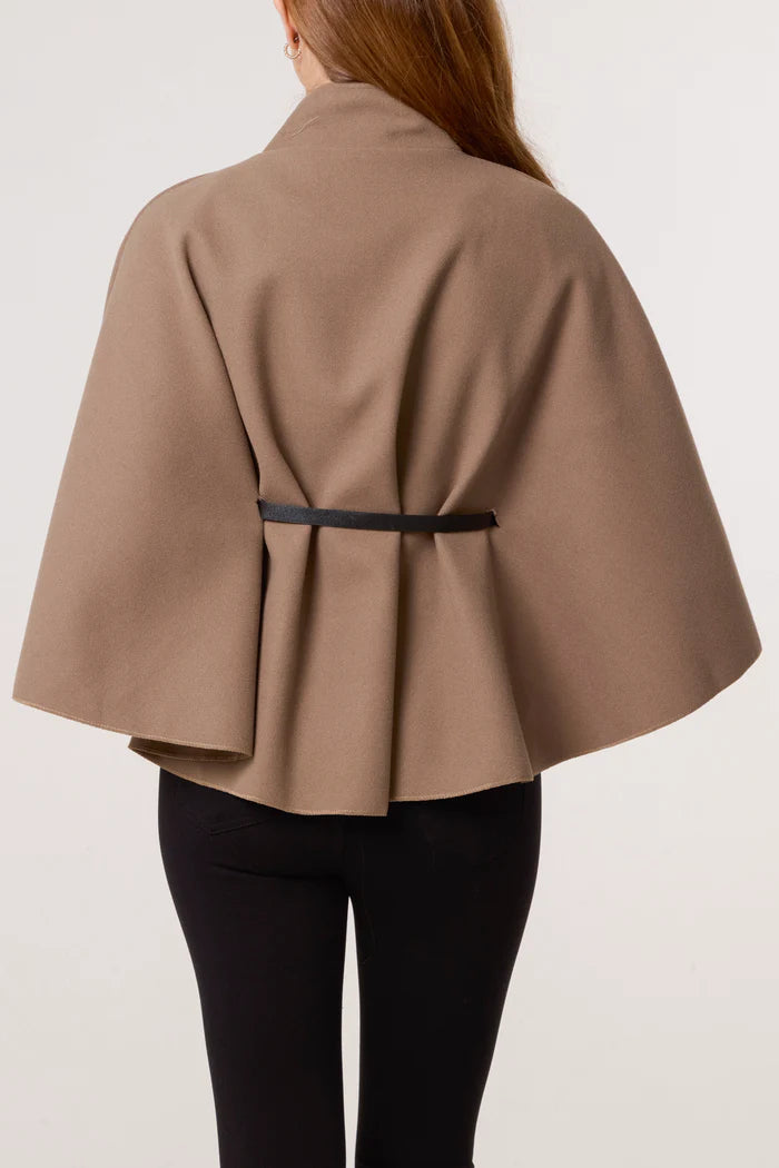 Gold Button Belted Cape in Mocha