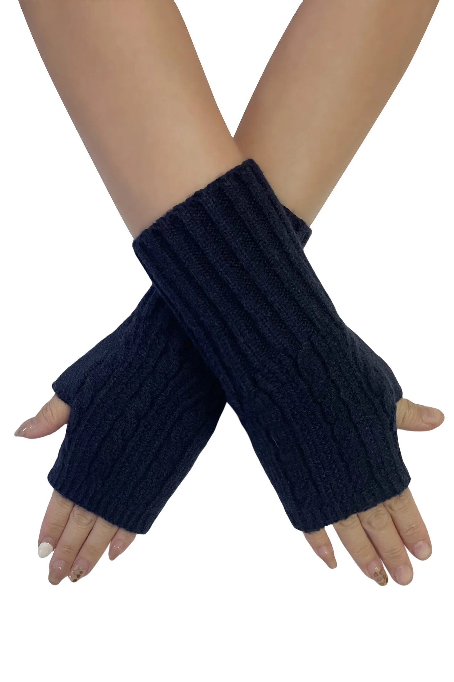 Cosy Long Knitted Wool Wrist Warmer Gloves in Navy